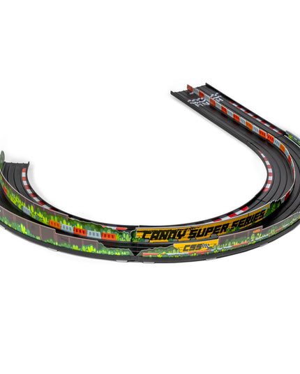 Model of a race track with 'Candy Super Series' branding on a white background