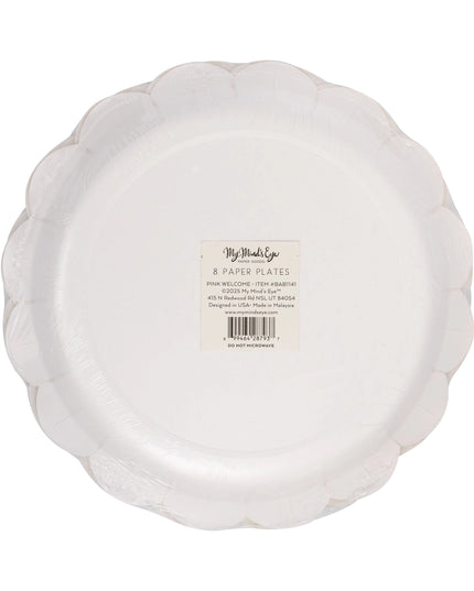 White paper plates with a visible brand label on a white background
