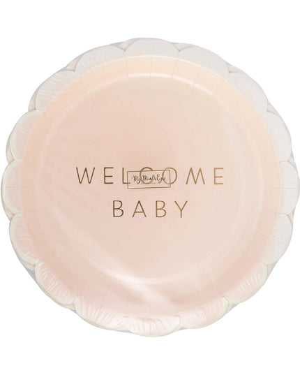 Pink baby plate with 'Welcome Baby' text on a white background