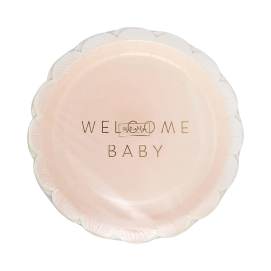 Pink baby plate with 'Welcome Baby' text on a white background