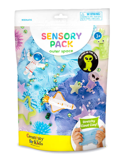 Sensory pack for kids with space-themed decorations and Creativity for Kids branding.