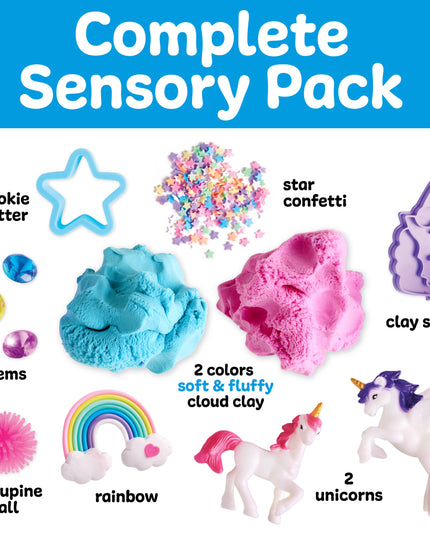 Complete sensory pack with various items including cookie cutter, star confetti, clay stamp, and more on a blue background.