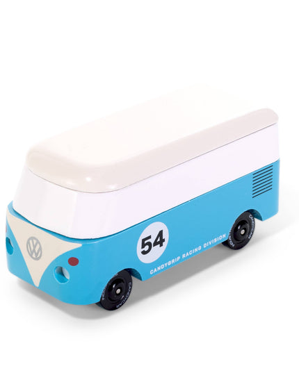 Model of a blue and white bus with '54' on a white background