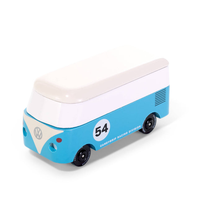 Model of a blue and white bus with '54' on a white background
