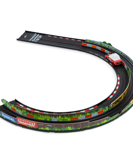 Toy race track set with cars on a white background