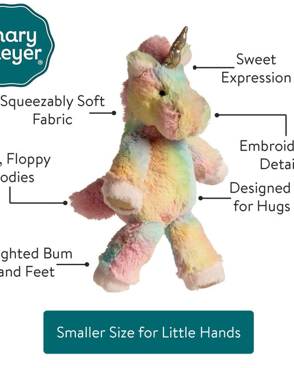Stuffed unicorn toy with Mary Meyer logo and features listed on a white background