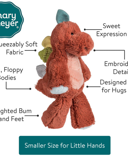 Mary Meyer plush dinosaur toy with features labeled on a white background
