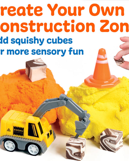 Toy construction set with squishy cubes and a hand interacting with the scene on a white background.