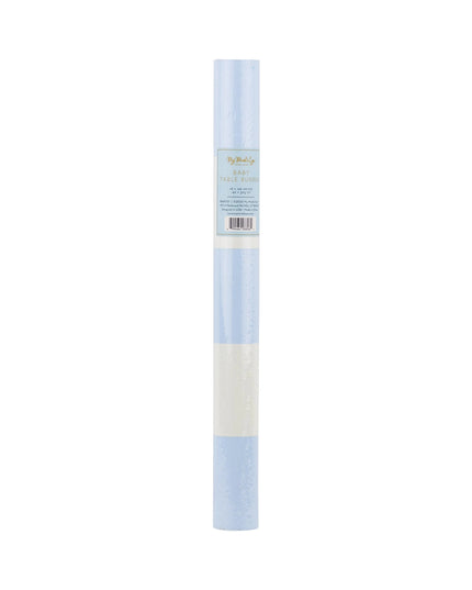 Roll of blue and white striped paper table runner on a white background