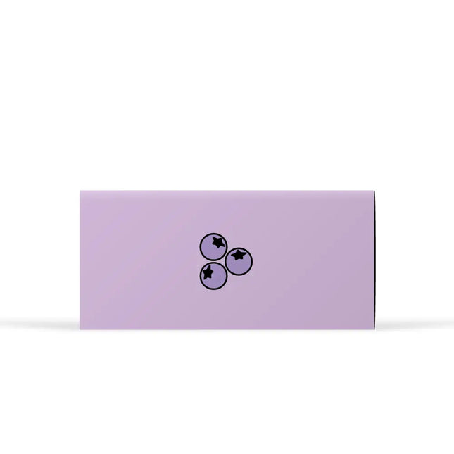 Rectangular purple card with a black symbol on a white background