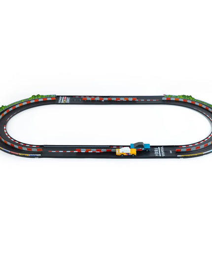 Toy race track set on a white background
