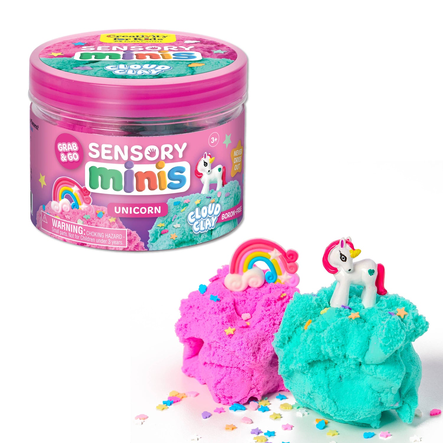 Sensory minis unicorn cloud clay with packaging on a white background