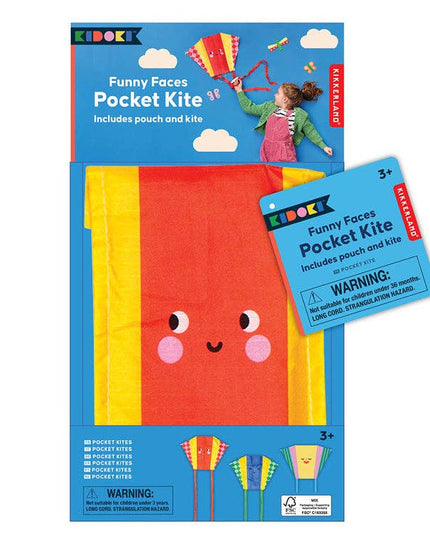 KidKraft Funny Faces Pocket Kite packaging with kite and pouch on a white background