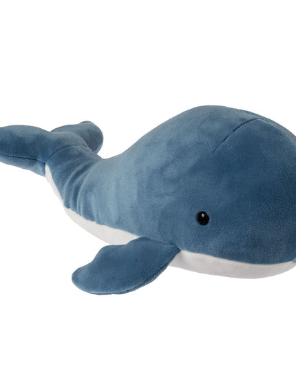 Blue plush whale toy on a white background