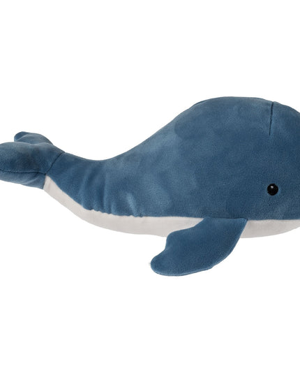 Blue plush whale toy on a white background