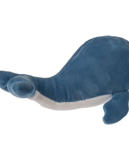 Blue plush whale toy on a white background