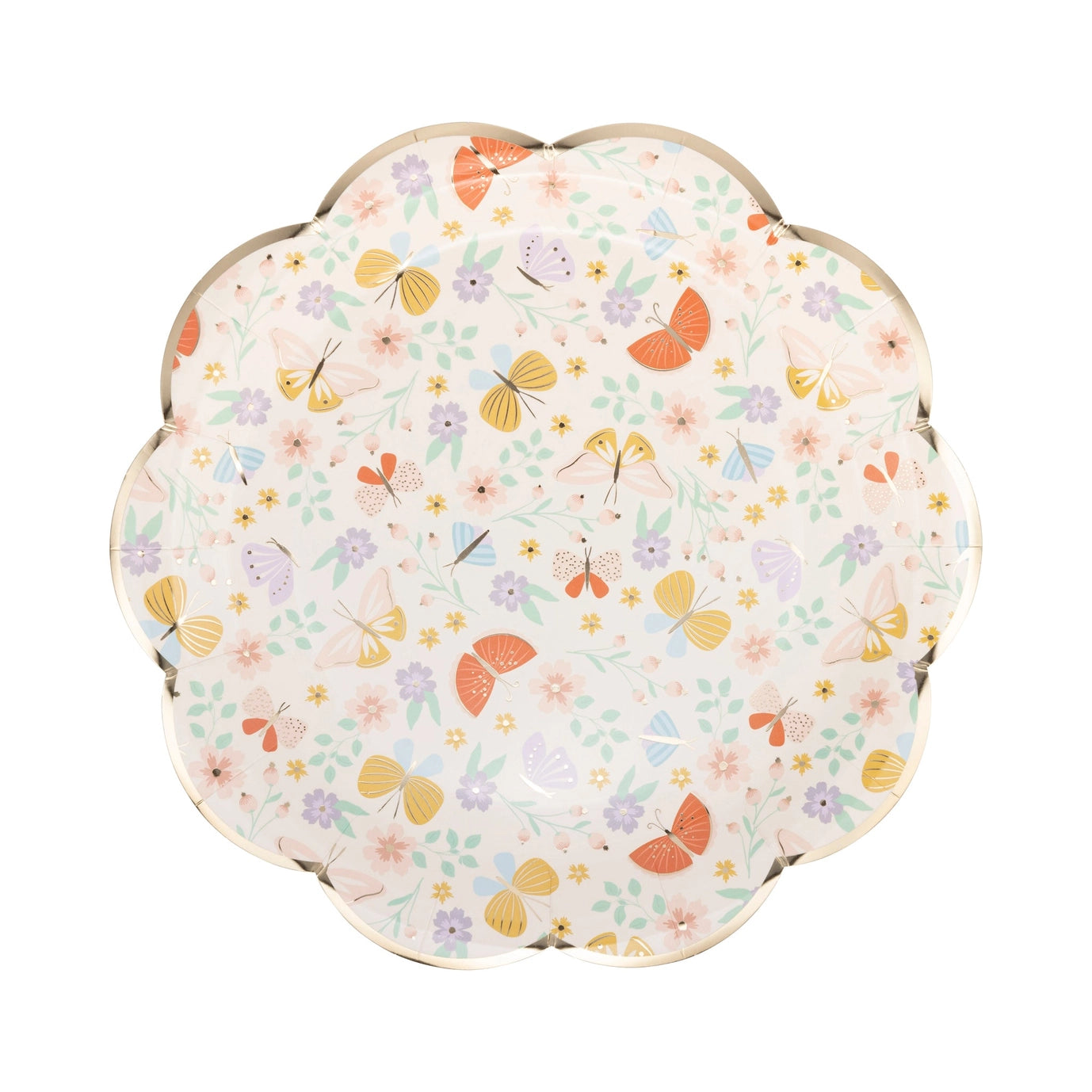 Round paper plate with floral and butterfly pattern on a white background