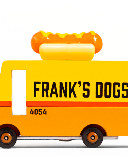 Toy truck with 'Frank's Dogs' branding on a white background