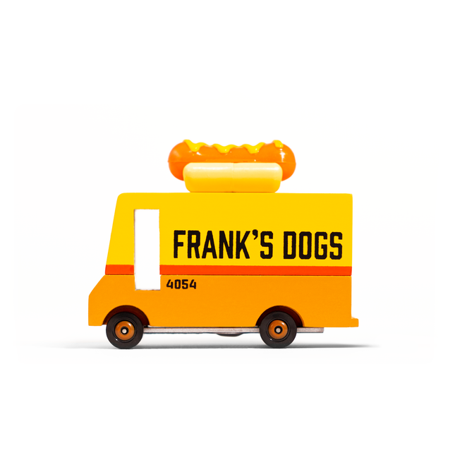Toy truck with 'Frank's Dogs' branding on a white background
