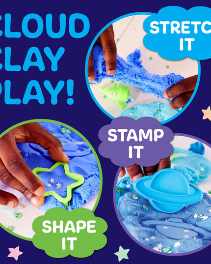 Promotional image for cloud clay play with text indicating actions like stretch, stamp, and shape.