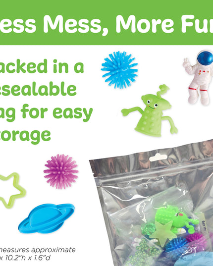 Children's toys including a blue ball, green alien, and white astronaut figure, with text about resealable storage bag.