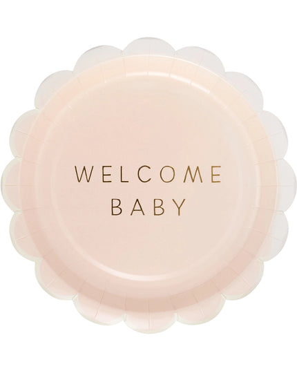 Pink baby glossy plate with 'Welcome Baby' text on a white background