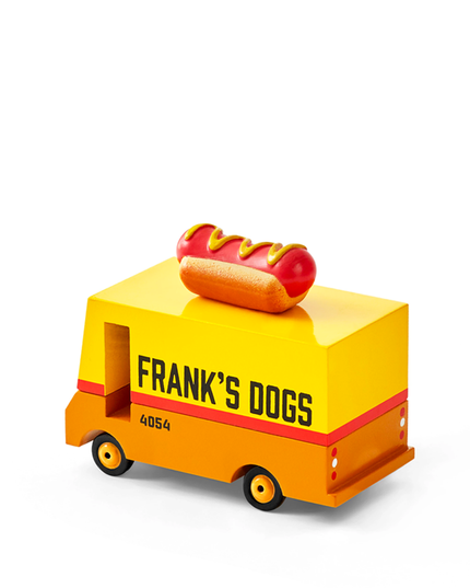 Toy hot dog cart with 'Frank's Dogs' branding on a white background