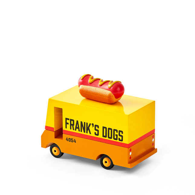 Toy hot dog cart with 'Frank's Dogs' branding on a white background
