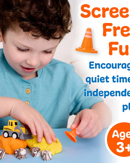 Child playing with toys on a table, with text promoting screen-free fun and independent play.