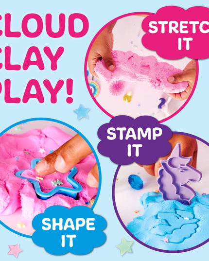 Cloud clay play set with text indicating actions like stretch, stamp, and shape on a blue background.
