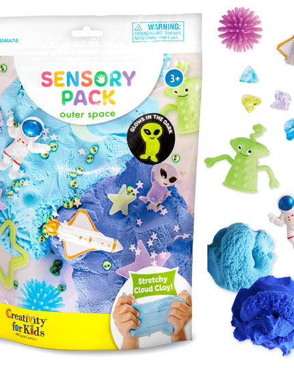 Sensory pack for kids with space-themed items and blue stretchy cloud clay.