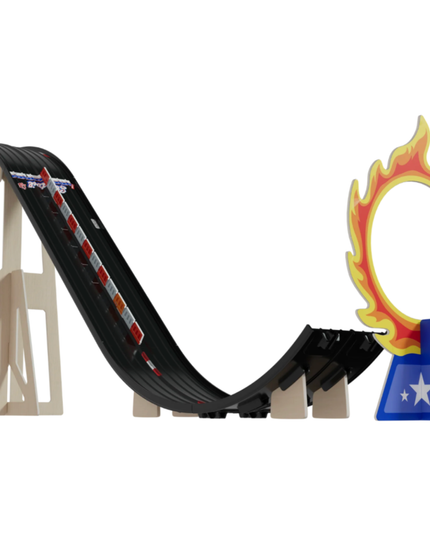 Toy track set with a flame-shaped obstacle and track piece on a white background