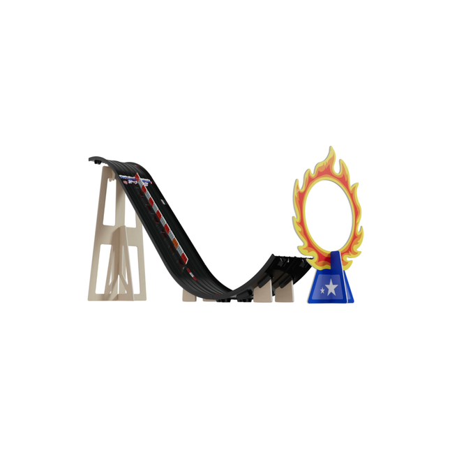Toy track set with a flame-shaped obstacle and track piece on a white background