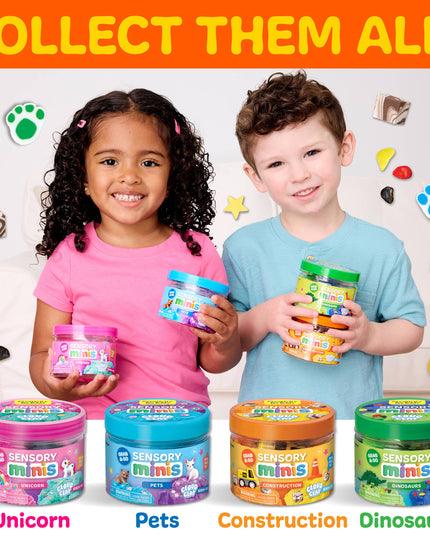Two children holding sensory mini containers with colorful lids, surrounded by more containers and colorful icons on a white background.