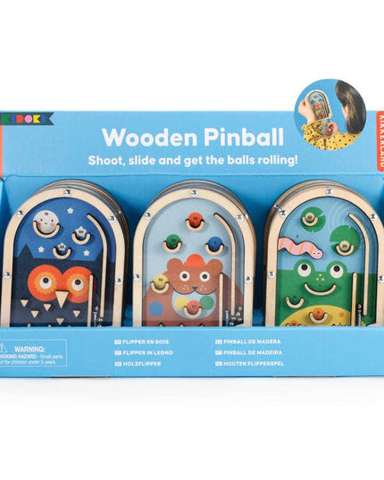 Wooden pinball game set in colorful packaging with Nukeland branding.