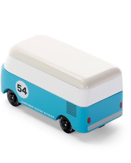 Small blue and white toy bus with number 54 on a white background