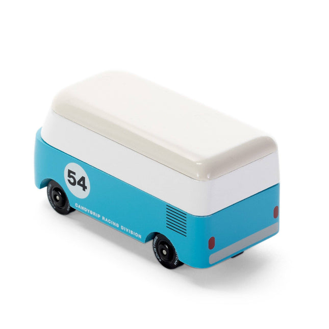 Small blue and white toy bus with number 54 on a white background