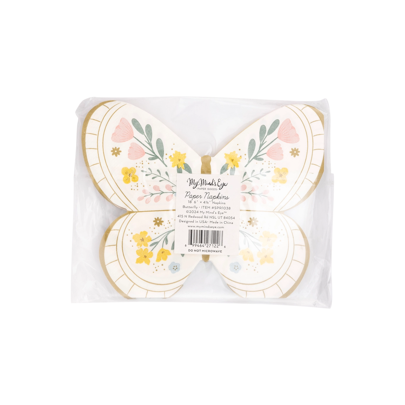 Butterfly-shaped paper plates with floral design in packaging on a white background