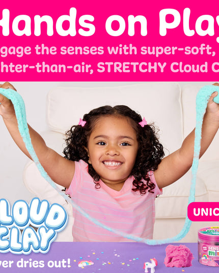 Child playing with Cloud Clay stretchy toy on a pink background