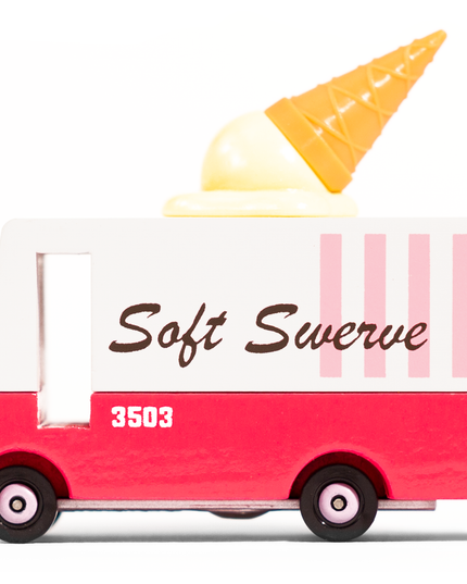 Model of an ice cream truck with a soft serve cone on top, featuring the text 'Soft Swerve' and the number '3503'.