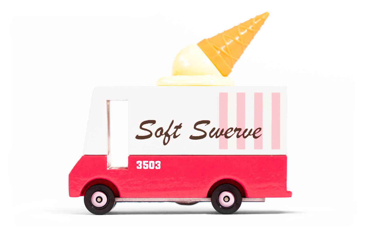 Model of an ice cream truck with a soft serve cone on top, featuring the text 'Soft Swerve' and the number '3503'.