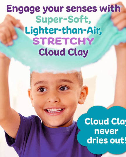 Child playing with stretchy cloud clay, promotional text overlay