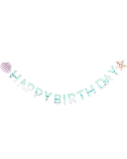 Mermaid-themed 'Happy Birthday' banner with decorative elements on a white background