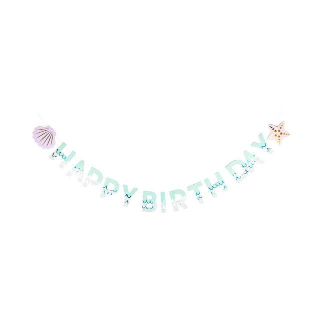 Mermaid-themed 'Happy Birthday' banner with decorative elements on a white background