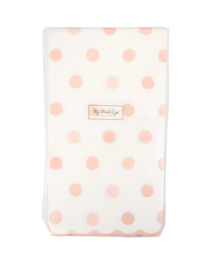 Paper napkin with pink polka dots and a brand logo on a white background