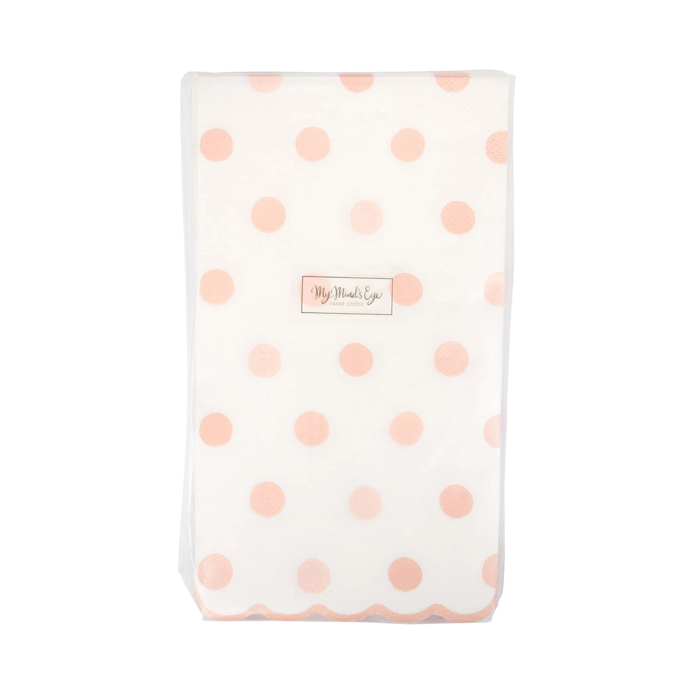 Paper napkin with pink polka dots and a brand logo on a white background