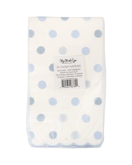 Pack of paper napkins with blue polka dots on a white background