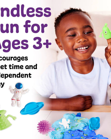 Child playing with toys on a table, with text about endless fun for ages 3+.