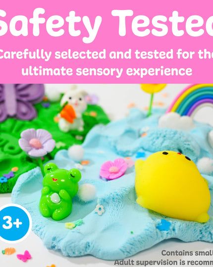 Colorful sensory play materials with text indicating safety testing and suitability for children over 3 years old.