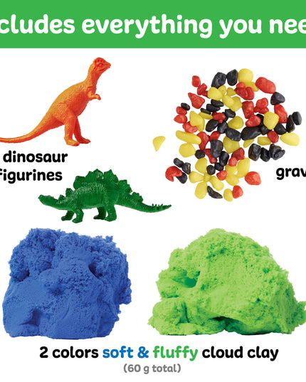 Set of dinosaur figurines, gravel, blue and green cloud clay on a white background with text indicating contents.